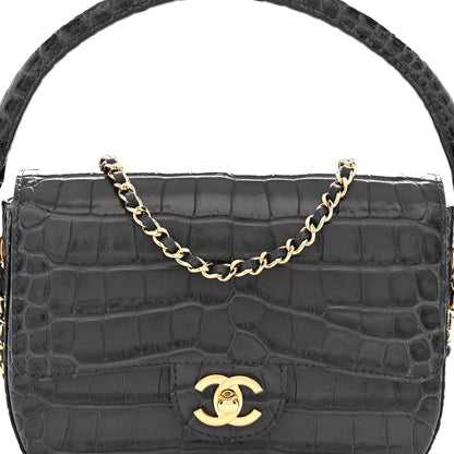 Calfskin Crocodile Embossed Turn Around Mini Flap Dark Grey Dark Grey