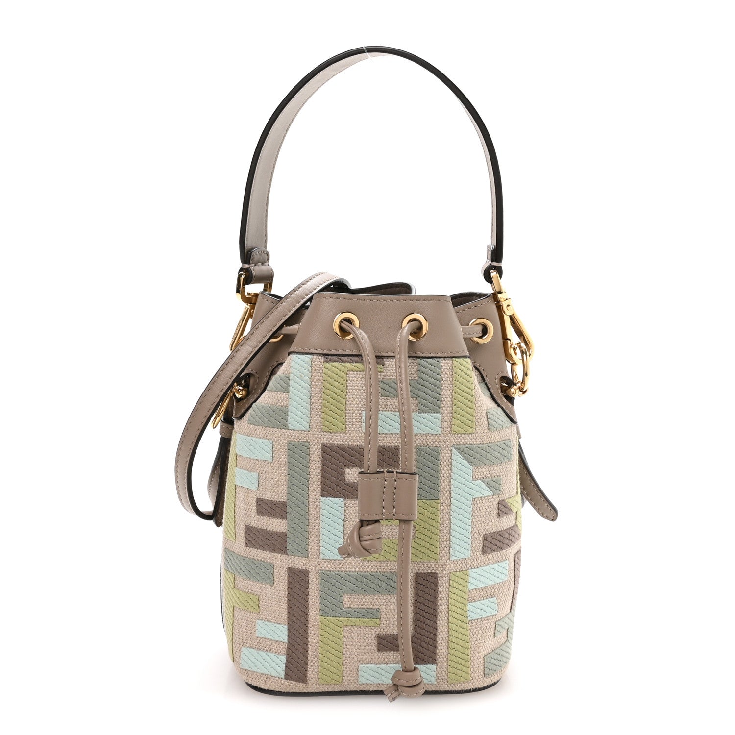 Canvas Vitello King FF Embroidered Mini Mon Tresor Bucket Bag Matcha Milk Dove