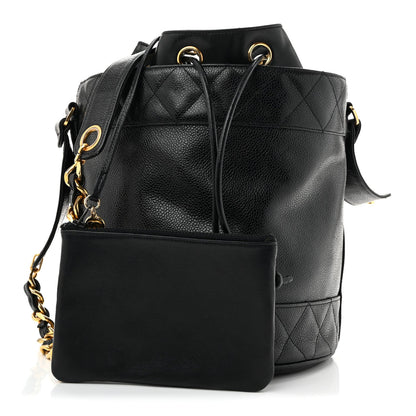 Caviar Drawstring Bucket Shoulder Bag Black