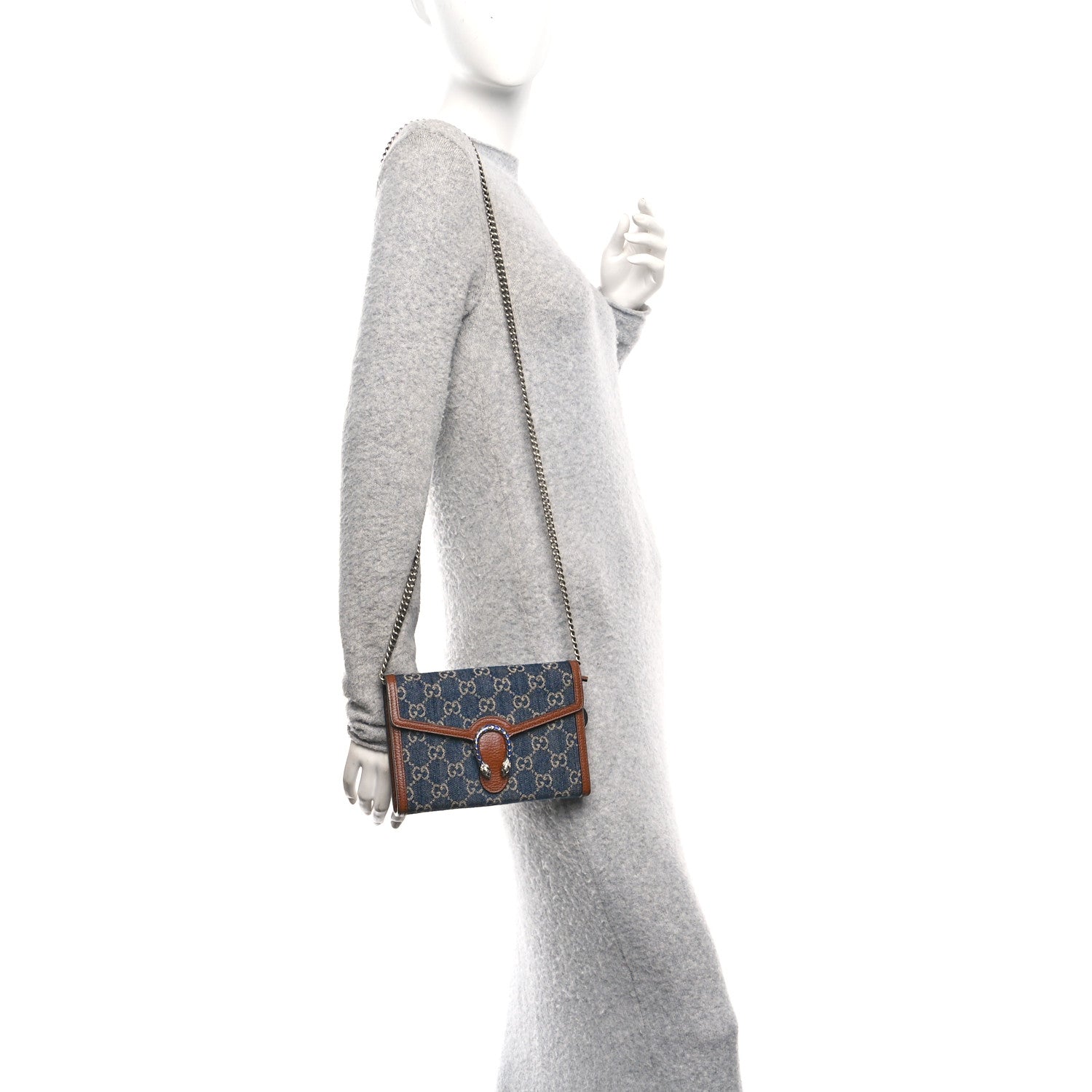 New Denim GG Monogram Dollar Calfskin Enamel Mini Dionysus Chain Wallet Blue Tea Cuir Epilog Electric Blue