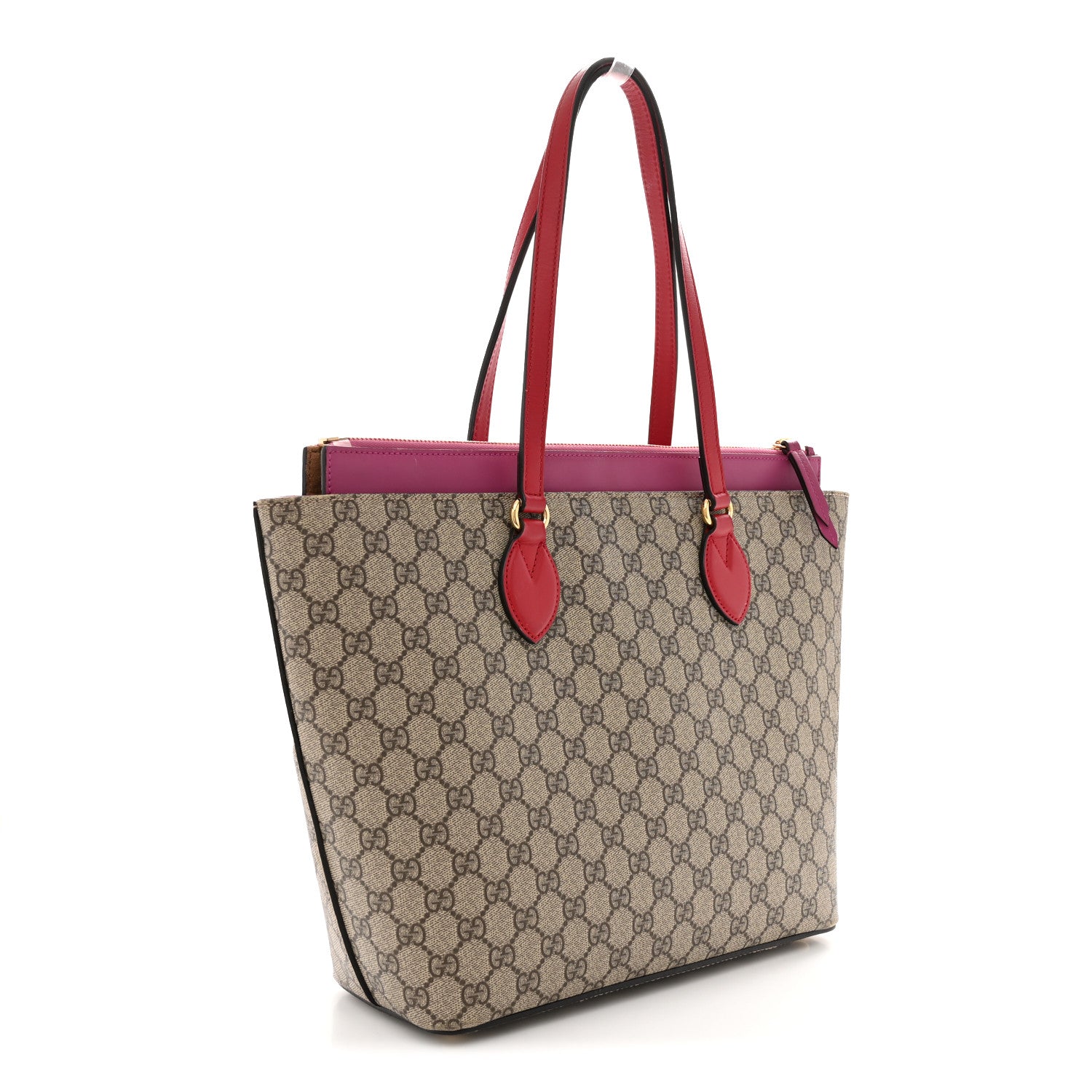 GG Supreme Monogram Medium Zippered Bucket Tote Beige Hibiscus Red New Rosette