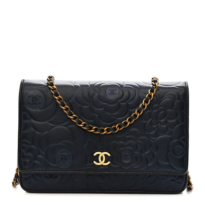 Metallic Lambskin Camellia Embossed Wallet on Chain WOC Navy