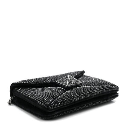 Crystal Suede Embellished Small One Stud Clutch With Chain Black