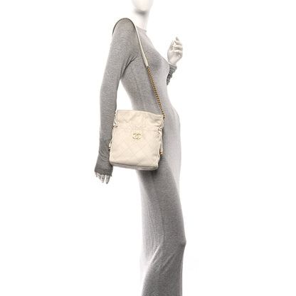 Calfskin Quilted Drawstring Bucket Bag White