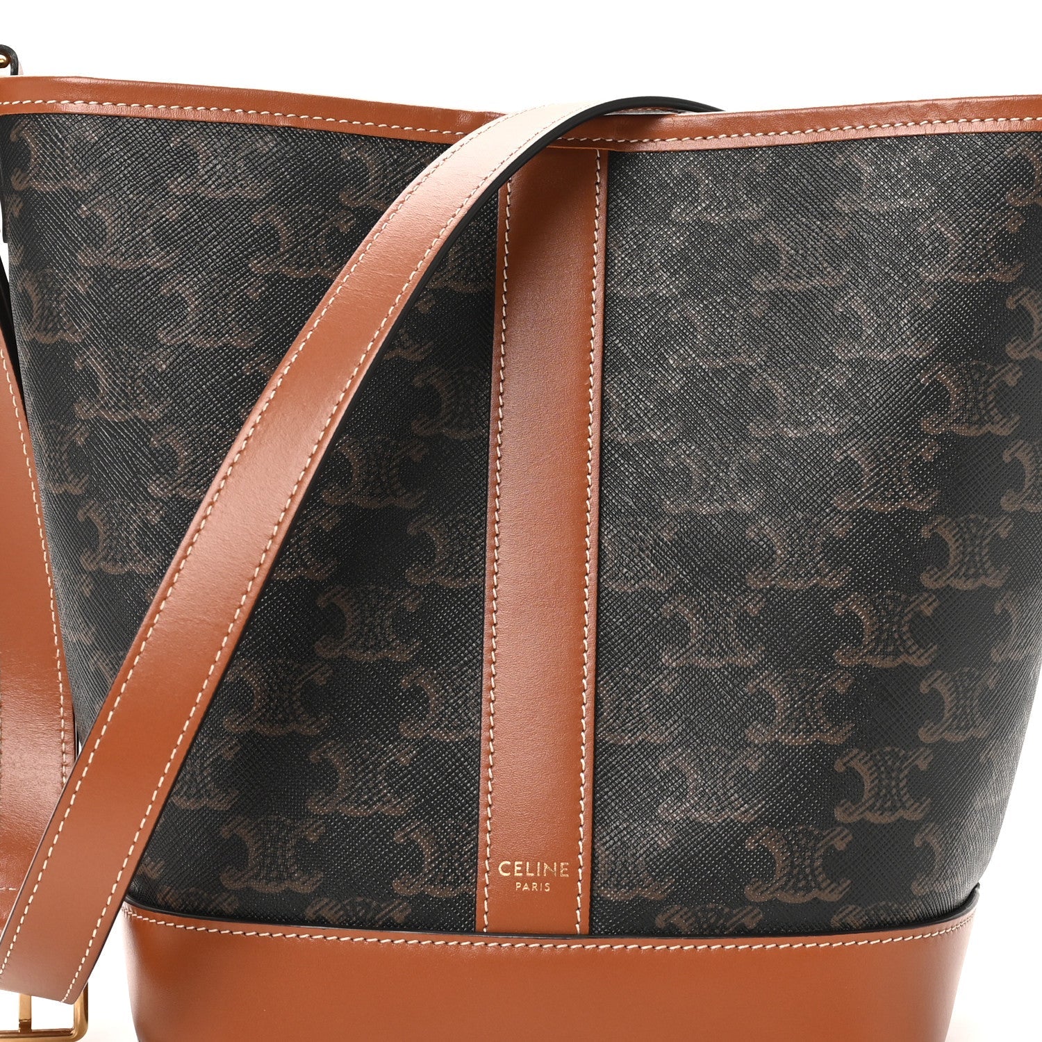 Triomphe Canvas Calfskin Small Bucket Bag Tan