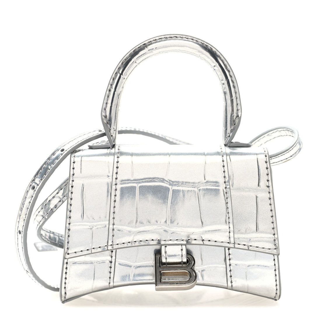 Metallic Calfskin Crocodile Embossed Hourglass Top Handle Bag Mini Silver