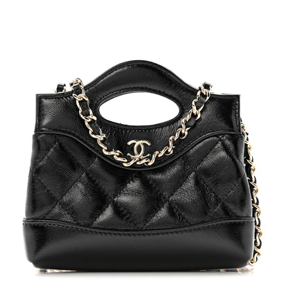 Shiny Lambskin Quilted Micro 31 Clutch With Chain Black