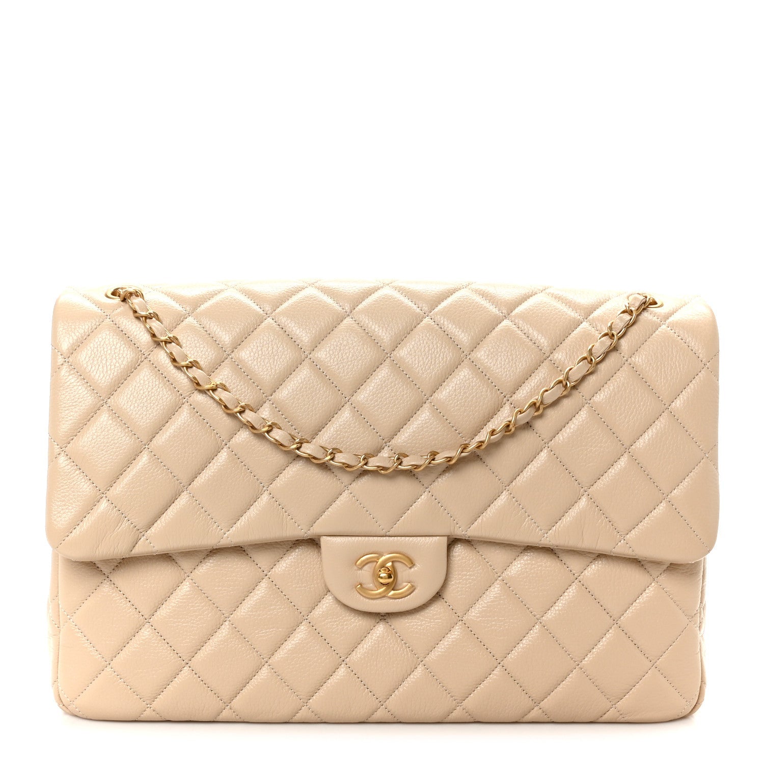 Grained Calfskin Quilted XXL Travel Flap Bag Beige
