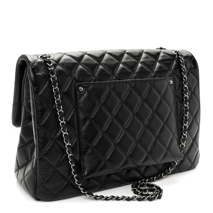 Grained Calfskin Quilted XXL Travel Flap Bag Black
