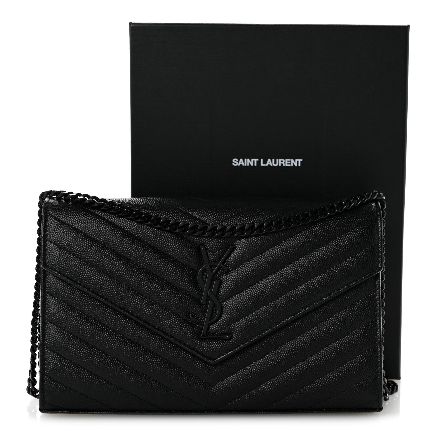Grain De Poudre Matelasse Chevron Monogram Monochrome Chain Wallet Black
