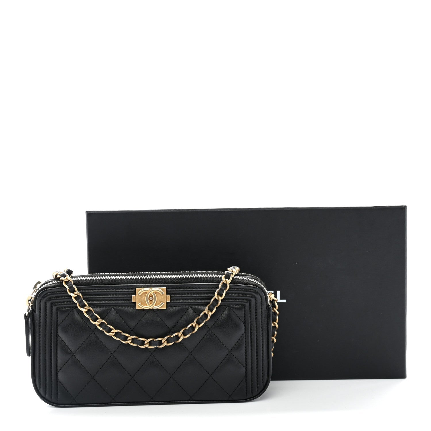 Lambskin Quilted Small Boy Clutch With Chain Black