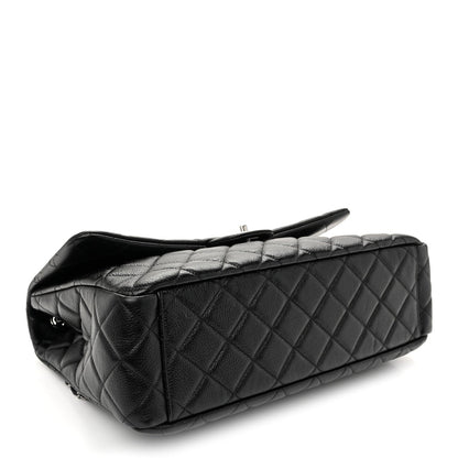 Grained Calfskin Quilted XXL Travel Flap Bag Black