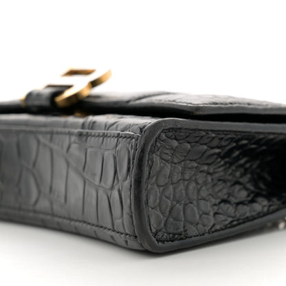 Shiny Calfskin Crocodile Embossed Hourglass Chain Bag Black