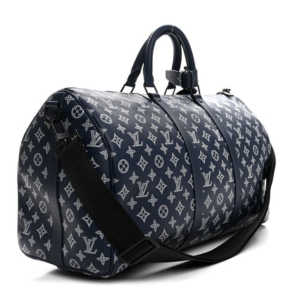 Calfskin Shadow Monogram Keepall Bandouliere 50 Ink Blue White