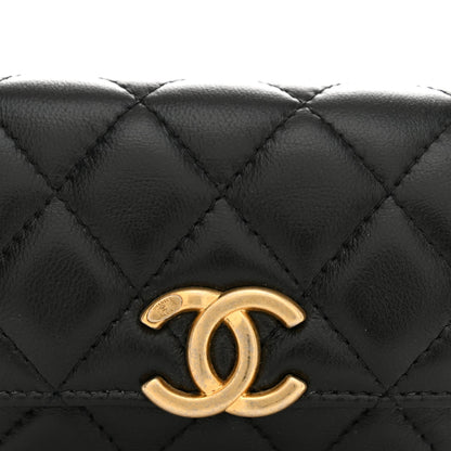 Lambskin Lacquered Metal Quilted Flap Chain Belt Bag Black