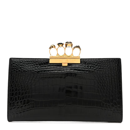 Calfskin Crocodile Embossed Knuckle Flat Clutch Black Gold