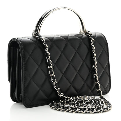 Lambskin Quilted Metal Top Handle Crossbody Flap Black