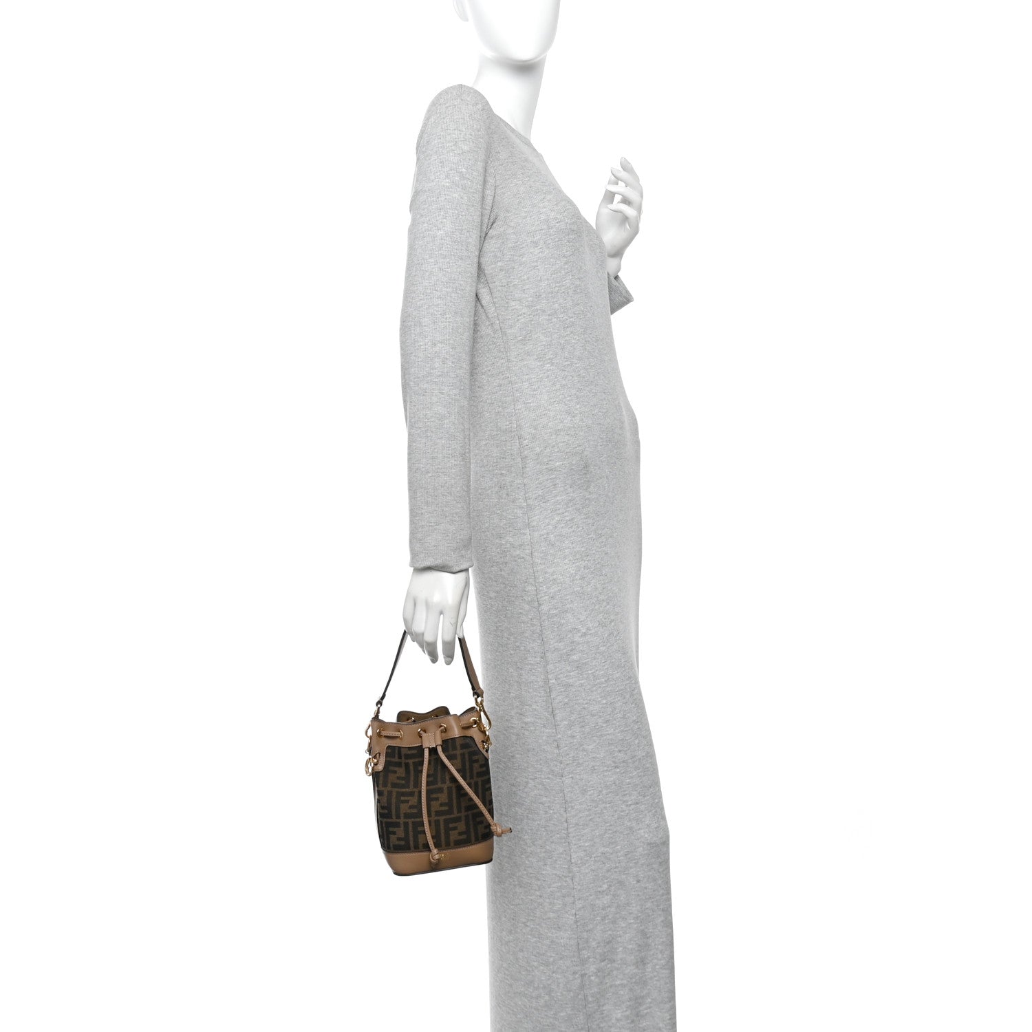 Fabric Jacquard Vitello Grace FF 1974 Mini Mon Tresor Bucket Bag Tobacco Moro Sand