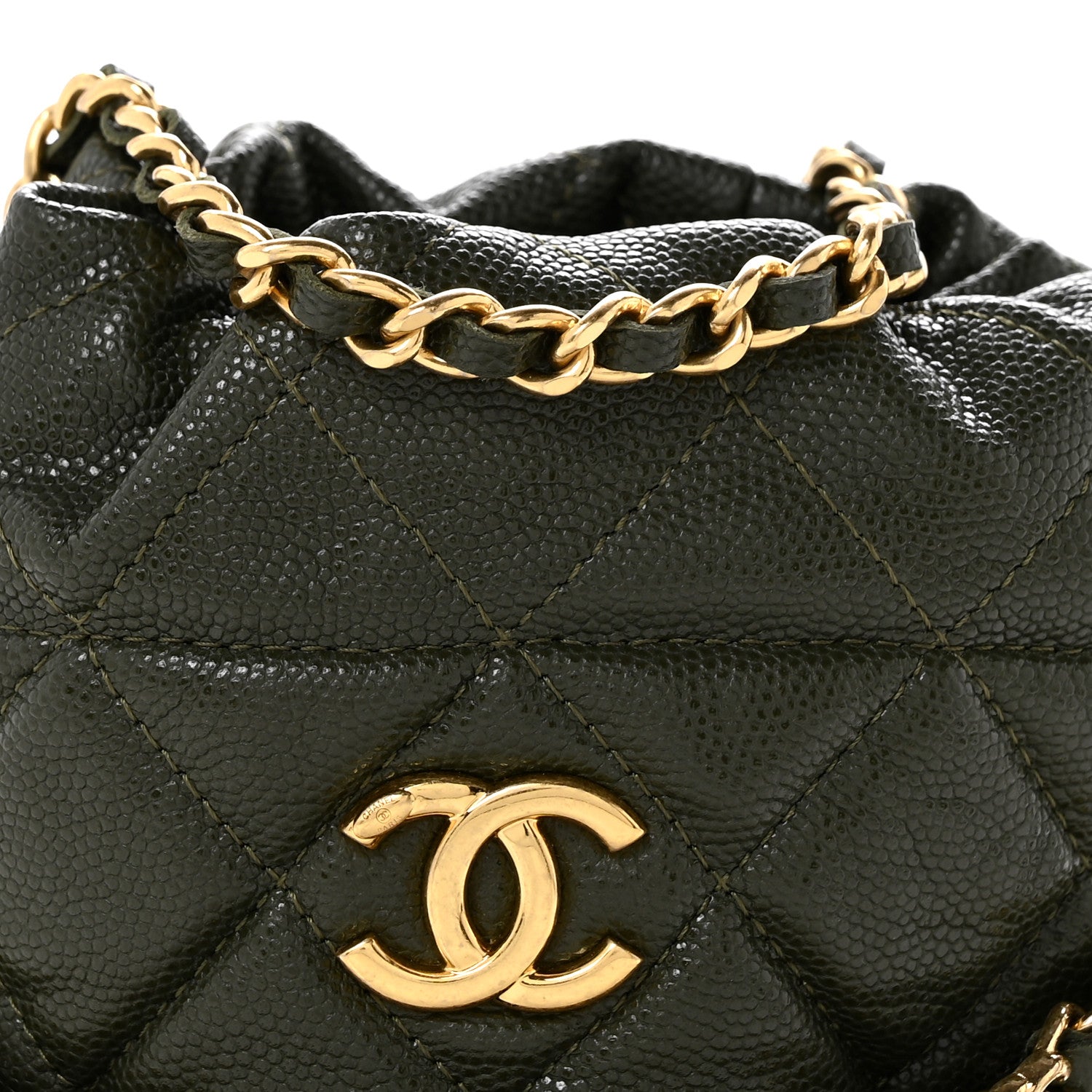 Caviar Quilted Coco First Bucket Clutch With Chain Khaki