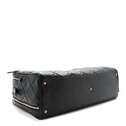 Shiny Grained Calfskin Quilted Large Travel Bowling Bag Black