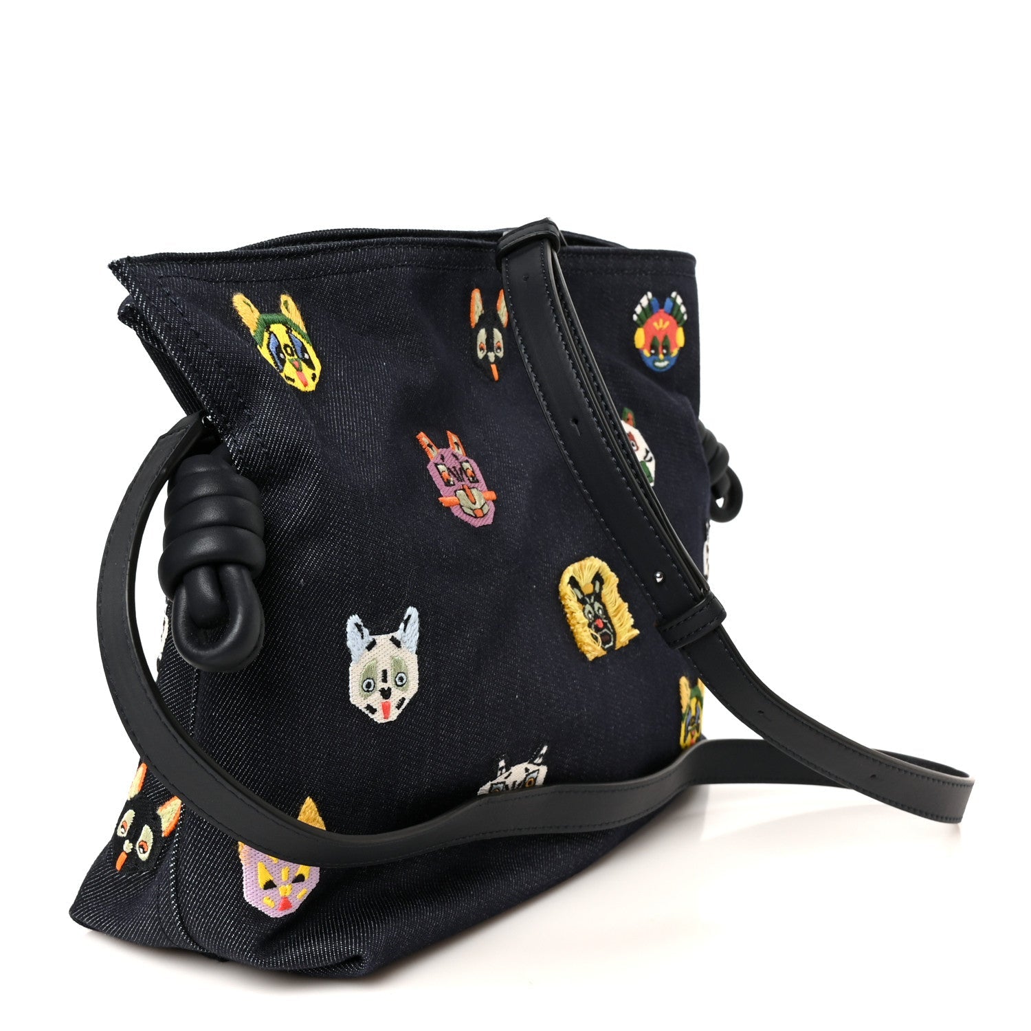 X Louis Wain Denim Embroidered Futurist Cats Medium Flamenco Knot Clutch Blue