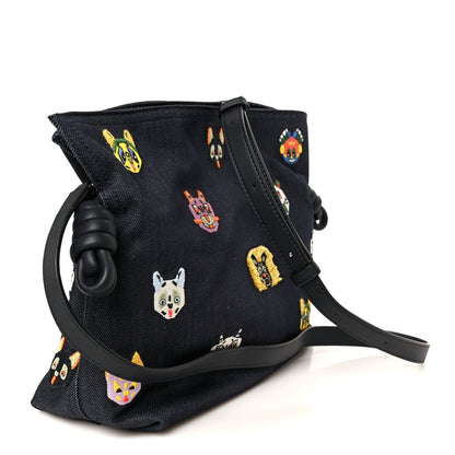 X Louis Wain Denim Embroidered Futurist Cats Medium Flamenco Knot Clutch Blue
