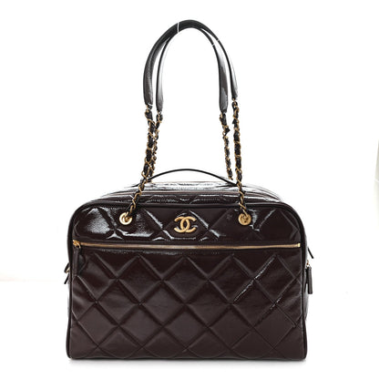 Patent Crumpled Calfskin Quilted Travel Bowling Bag Dark Brown
