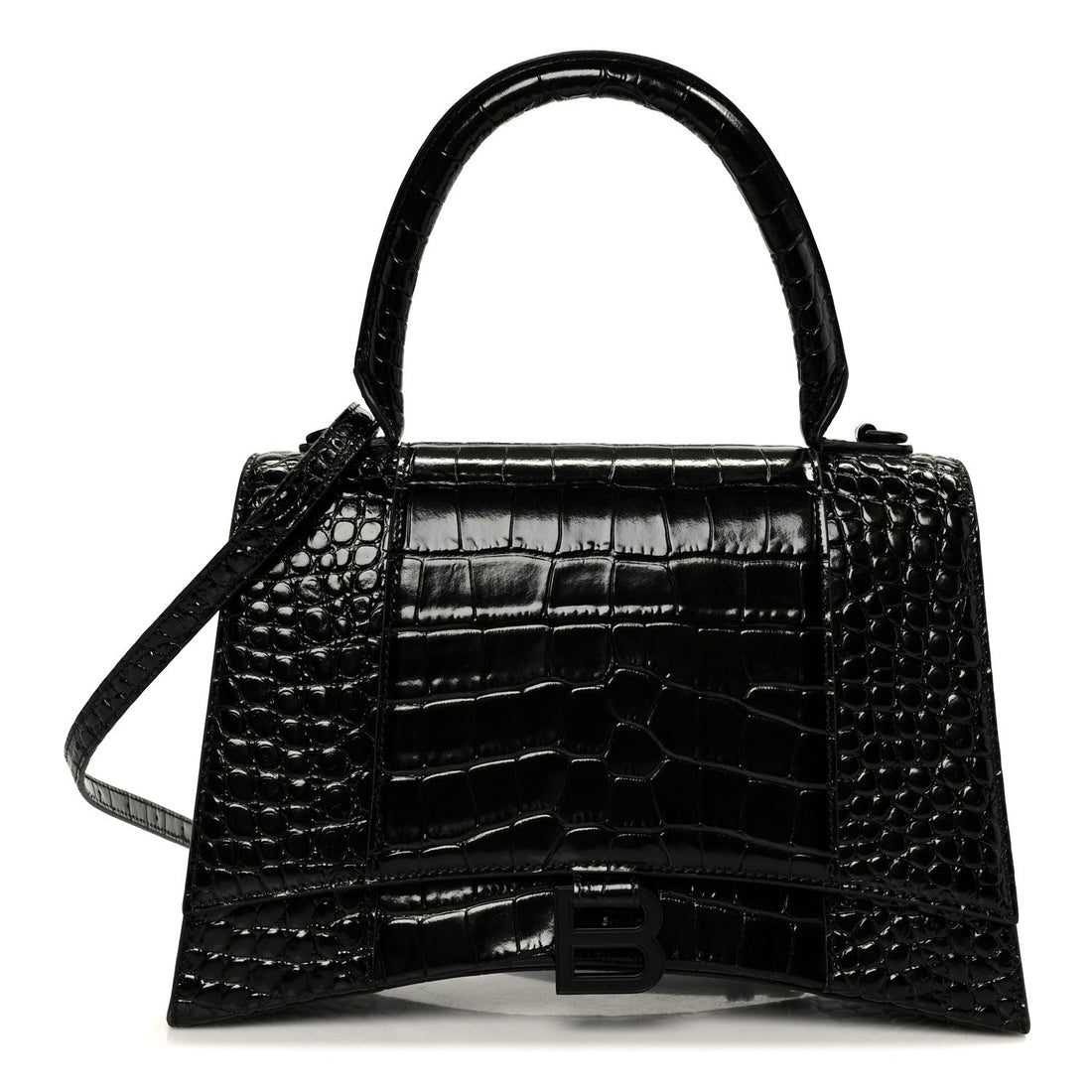 Shiny Calfskin Monochrome Crocodile Embossed Medium Hourglass Top Handle Bag Black