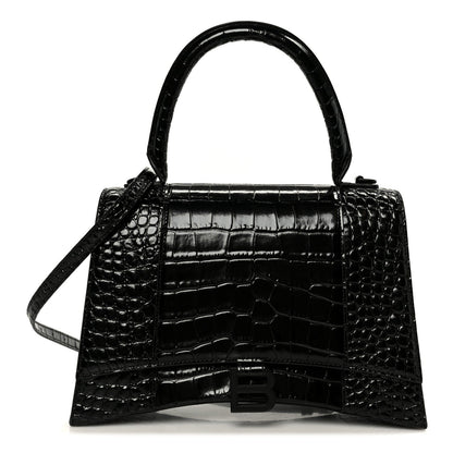 Shiny Calfskin Monochrome Crocodile Embossed Medium Hourglass Top Handle Bag Black