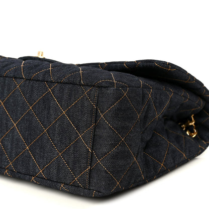 Denim Quilted XXL Travel Flap Bag Dark Blue Orange