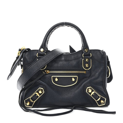 Chevre Gold Metallic Edge Hardware Mini City  Bleu Nuit Dark Sea