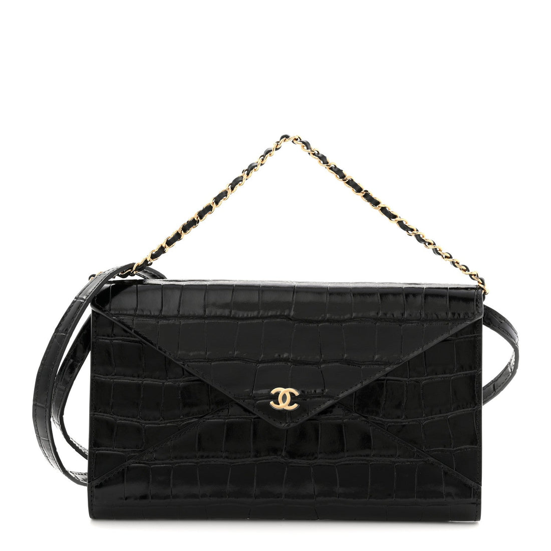 Calfskin Crocodile Embossed Clutch With Chain Black