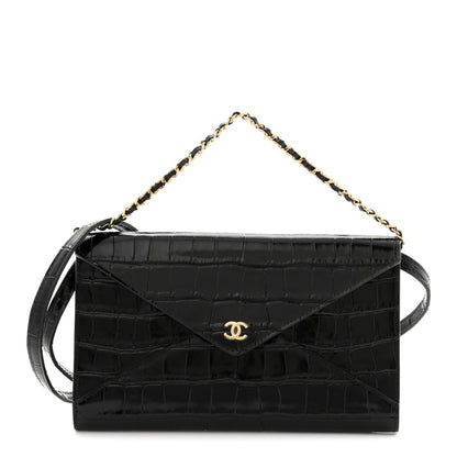 Calfskin Crocodile Embossed Clutch With Chain Black