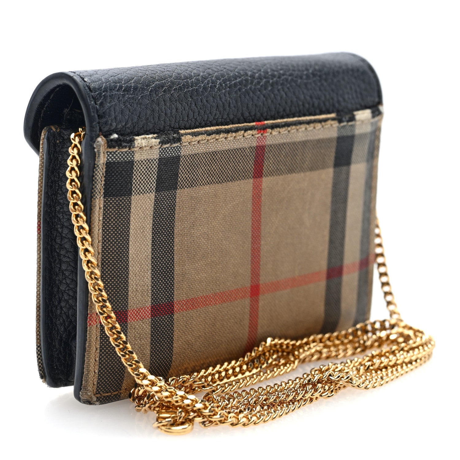 Grainy Calfskin Vintage Check Jade Card Case On Chain Black