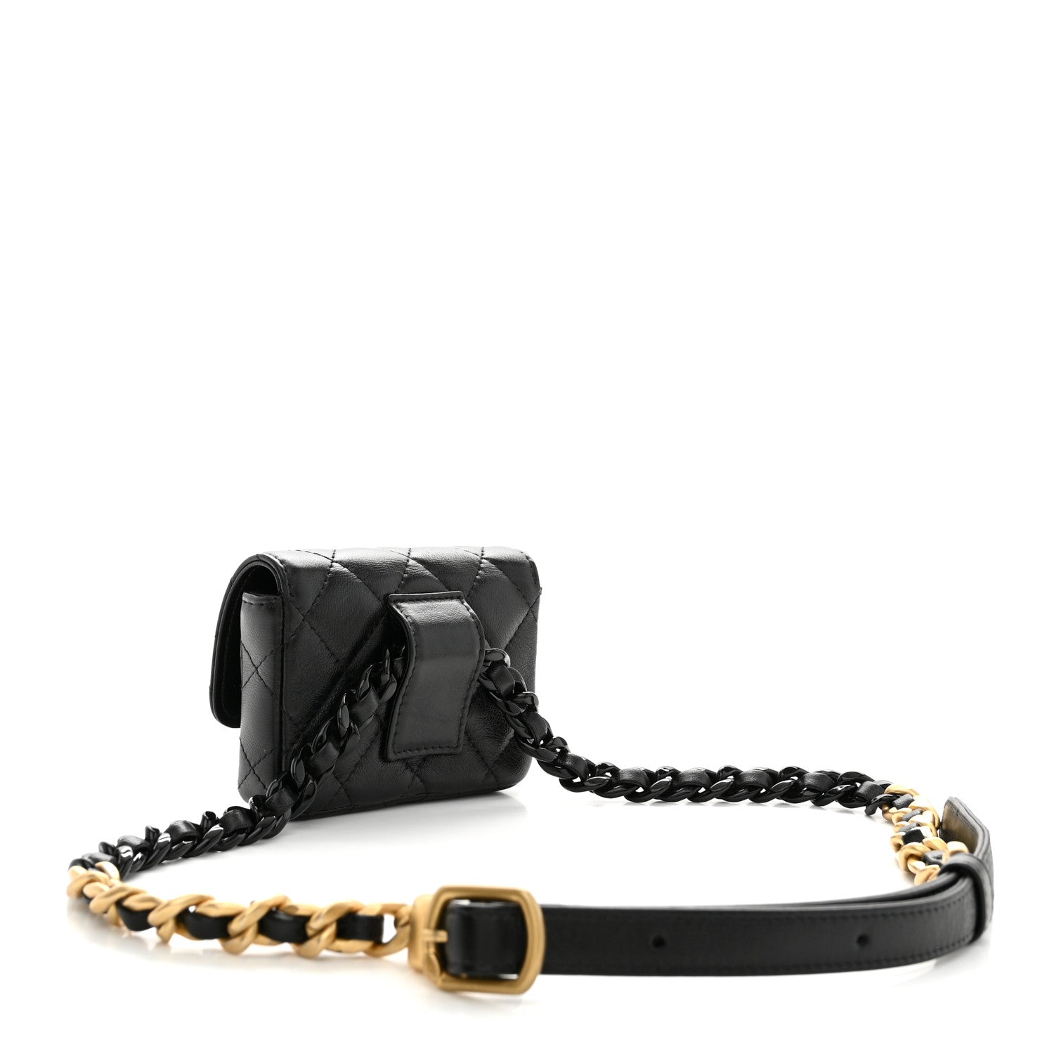 Lambskin Lacquered Metal Quilted Flap Chain Belt Bag Black