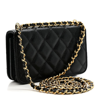 Caviar Quilted Pocket Twins Clutch With Chain Black