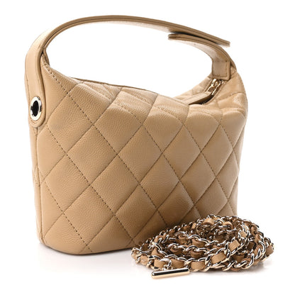 Caviar Quilted Hobo Clutch With Chain Dark Beige