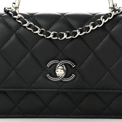 Lambskin Quilted Metal Top Handle Crossbody Flap Black