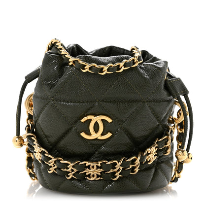 Caviar Quilted Coco First Bucket Clutch With Chain Khaki