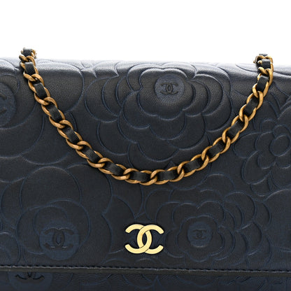 Metallic Lambskin Camellia Embossed Wallet on Chain WOC Navy