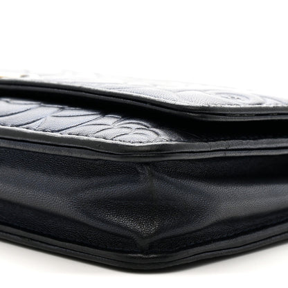 Metallic Lambskin Camellia Embossed Wallet on Chain WOC Navy
