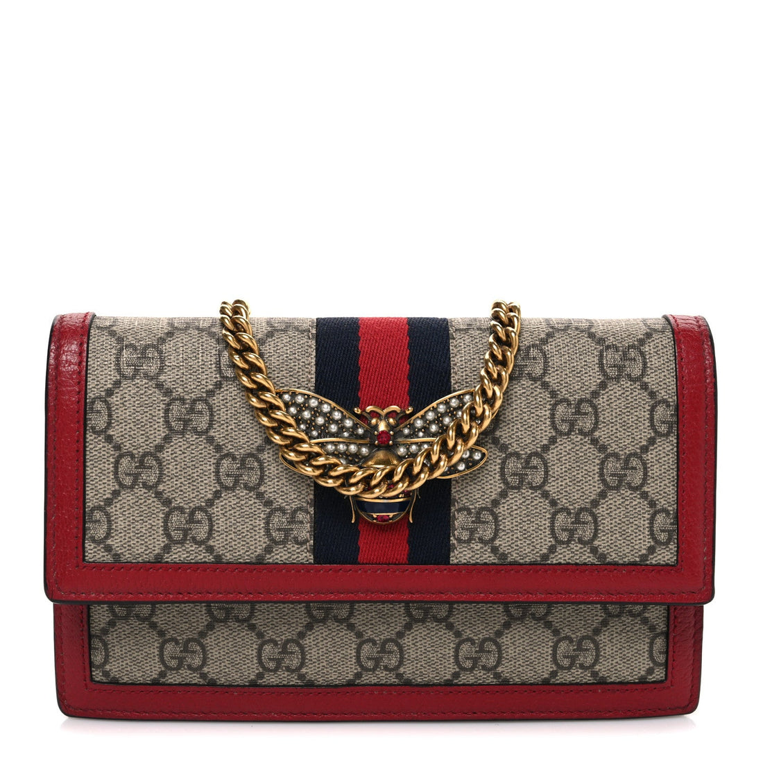 GG Supreme Monogram Web Queen Margaret Chain Wallet Red