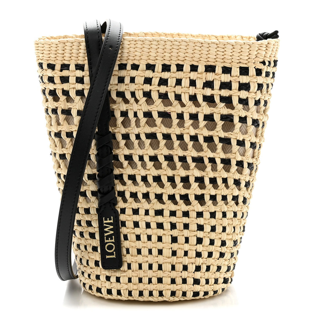 Calfskin Raffia Paulas Ibiza Bucket Bag Natural Black