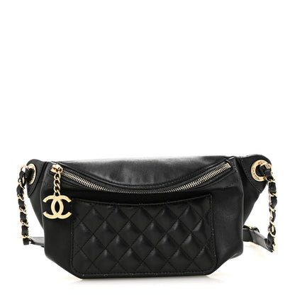 Lambskin Quilted Waist Bag Fanny Pack Black