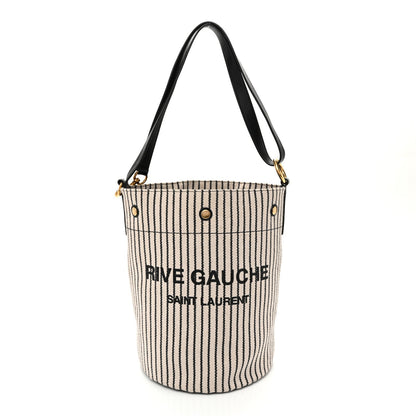 Linen Calfskin Striped Rive Gauche Bucket Bag Grey Cream Black