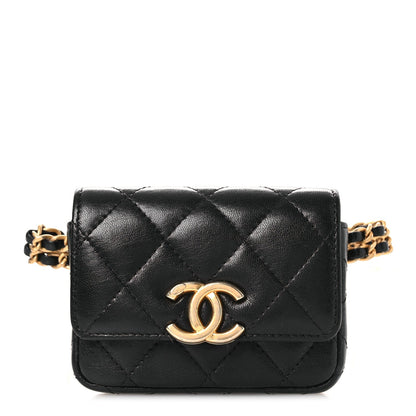 Lambskin Quilted Flap Chain Belt Bag Black