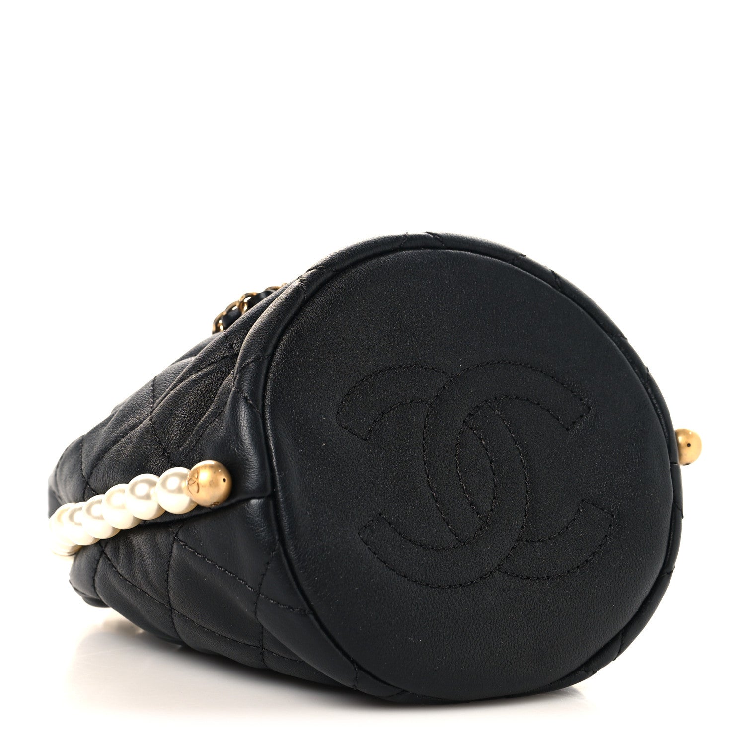 Calfskin Quilted Pearl Mini About Pearls Drawstring Bucket Bag Black