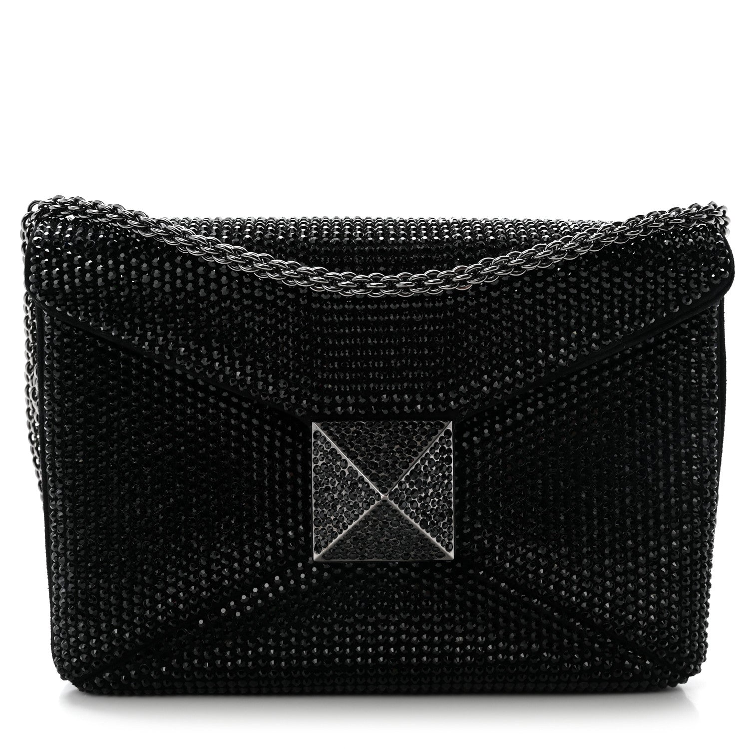 Crystal Suede Embellished Small One Stud Clutch With Chain Black