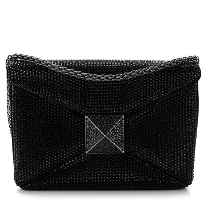 Crystal Suede Embellished Small One Stud Clutch With Chain Black
