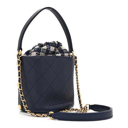 Calfskin Tweed Small CC Chain Bucket Drawstring Bag Navy Multicolor